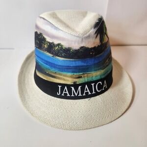 Jamaica Tropical Beach Scene Fedora Sun Hat Cream Woven Straw angel batista